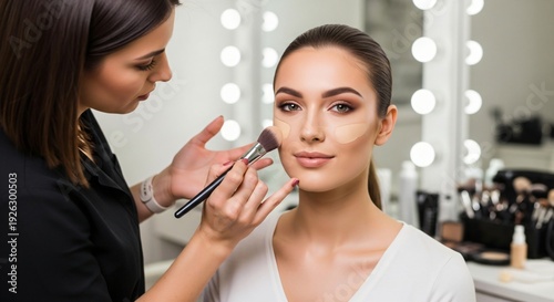 Wallpaper Mural Makeup Artist Applying Foundation to a Model Inside a Professional Beauty Studio, Visible Brush Detail, Clean Modern Interior Torontodigital.ca