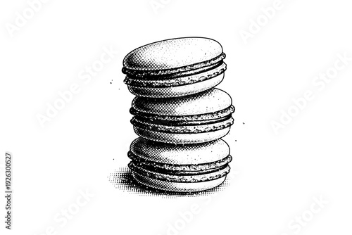 Detailed stipple art of three stack macarons in vintage style