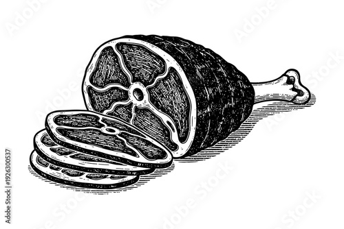 Detailed ham and slices in vintage ink style