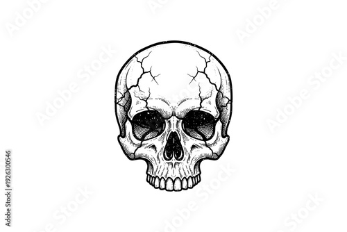 Intricate vintage skull with cracks on white background