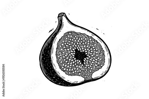 Intricate black and white engraving of half fig with detailed seeds and texture