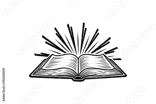 Vintage open book with radiating light in retro style