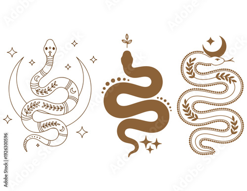 stylized snakes with celestial elements in a minimalist design