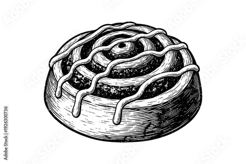 Hand drawn cinnamon roll with icing: detailed bakery pastry design