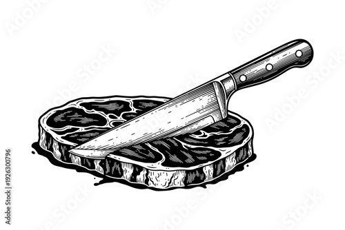 Vintage engraving of steak and knife on white background