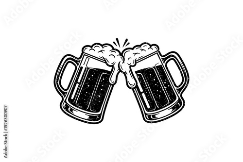 Retro style beer mugs toasting with splash motif