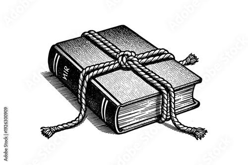 Vintage engraved book tied with rope: retro detailed illustration of literature