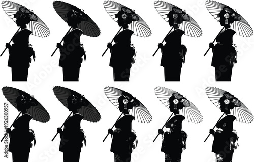 Black vector silhouette set of ten Japanese geisha women wearing traditional kimono and holding parasols for Asian culture travel fashion and oriental branding