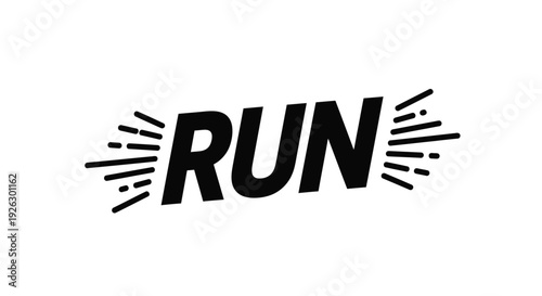 Dynamic black and white graphic text featuring the word run stylized with motion lines indicating speed and forward momentum for fitness branding.