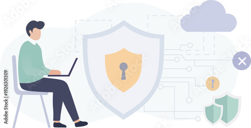 Professional man working on laptop with shield and lock icon for cybersecurity concept. Vector illustration of data protection, privacy safety, and cloud security in a modern flat design