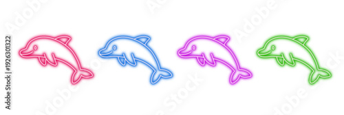 Neon glowing dolphin vector icons set, marine, ocean, aquatic, playful, vibrant, colorful digital design illustration on transparent background.