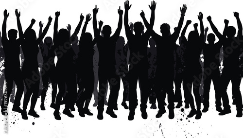 Crowd of people silhouettes with raised hands celebrating at concert or party isolated on white background, energetic group vector illustration