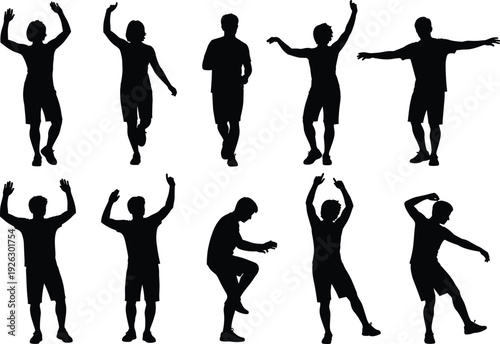 Dancing people silhouettes collection with energetic men performing different dance moves isolated on white background for entertainment concept