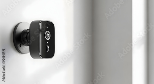 Black security camera mounted on white wall