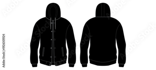 Black Hooded Jacket Front and Back View Vector Template