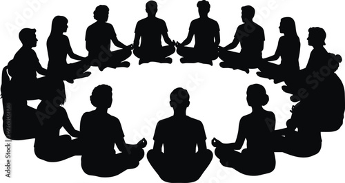 Group meditation silhouettes sitting in circle, diverse people practicing yoga lotus pose isolated on white background for mindfulness concept