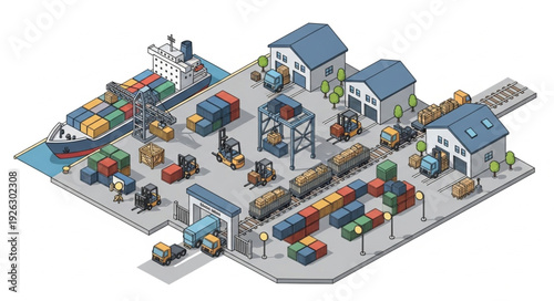 Isometric Gas Station with Vehicles and Buildings.