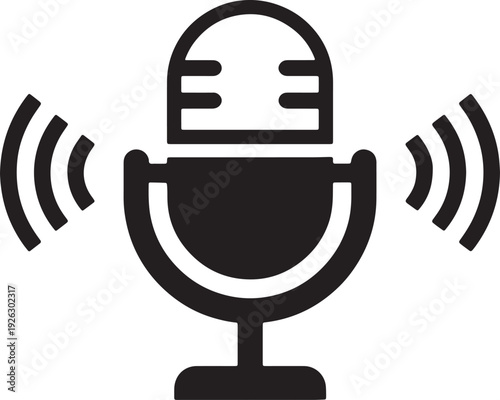 Black vintage microphone with radiating sound waves also transparent background audio broadcast
