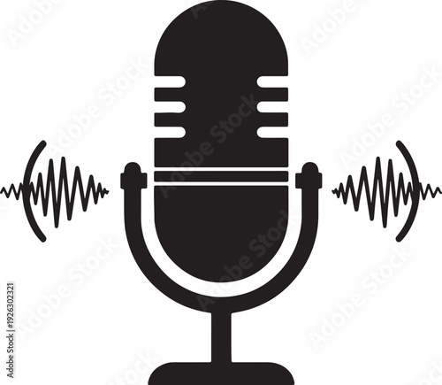 Black vintage microphone with sound waves emanating from sides on white background also transparent background