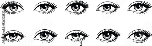 Hand drawn eye illustration set, expressive female eyes with lashes and tear, black and white vector sketch icons collection isolated background