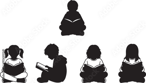 Diverse children silhouettes reading books in various seated positions also transparent background black and white
