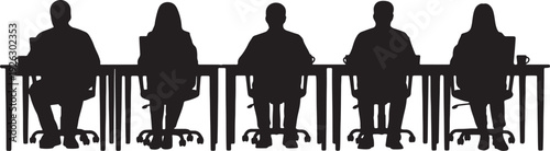 Five black silhouettes of people sitting at desks with chairs in a line also transparent background