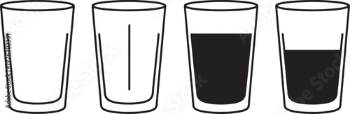 Four black and white line glasses showing different liquid levels also transparent background water drink