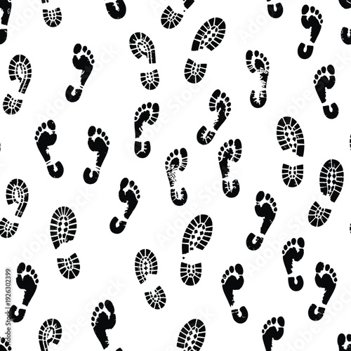 A black silhouette illustration of a human foot and boot print vector pattern showing a shoe sole track and hand imprint mark left by people as they walk or step in the sand and snow