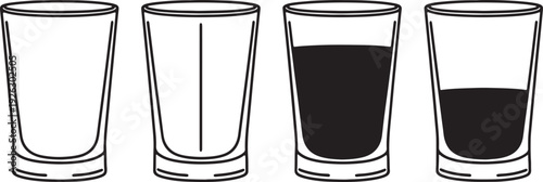 Four tall glasses showing different liquid levels from empty to half full also transparent background