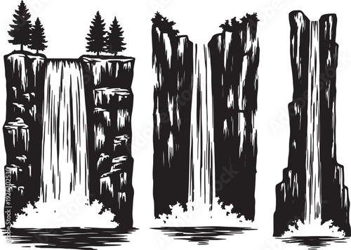 Three black and white silhouette of waterfalls cascading down rocky cliffs with trees on also transparent background