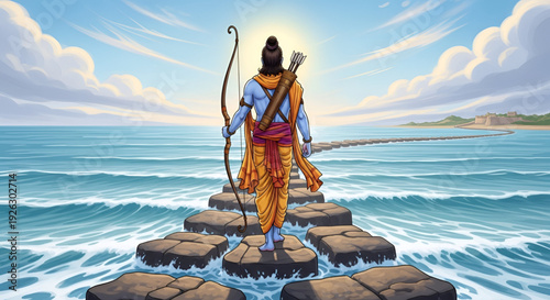 Ram Navami vector art of Lord Rama walking on sea bridge toward Lanka symbolizing devotion courage and victory for spiritual greeting branding and festive marketing