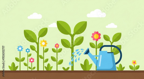 Vibrant flat illustration of a blue watering can showering a row of healthy green plants and colorful blooming flowers under a clear sky with fluffy white clouds