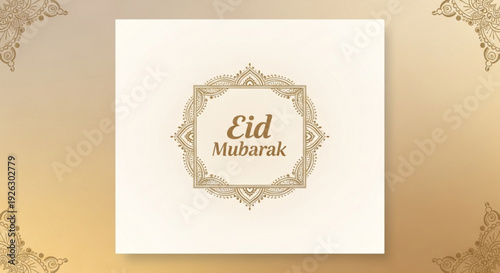 Elegant islamic geometric pattern featuring 'eid mubarak' text in a central ornamental frame symbolizing celebration and blessings with a soft gradient background