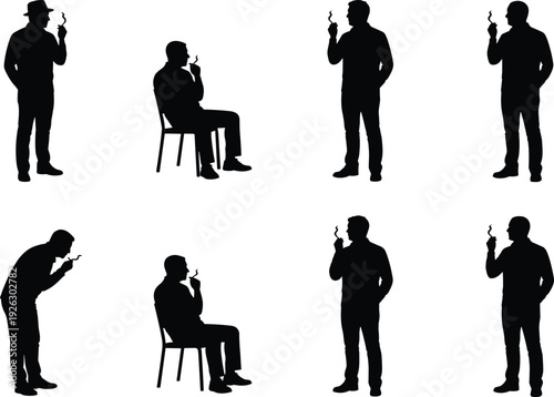 Man smoking cigarette silhouettes collection, male person standing and sitting with smoke isolated on white background, addiction concept illustration