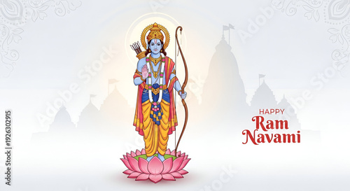 Ram Navami vector illustration of Lord Rama standing on lotus with temple silhouette background for greeting banner branding and festive marketing design