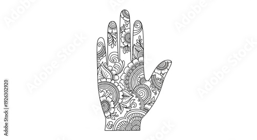Intricate black and white floral mehndi design adorning an open human palm showcasing delicate paisley patterns and swirling botanical motifs symbolizing traditional