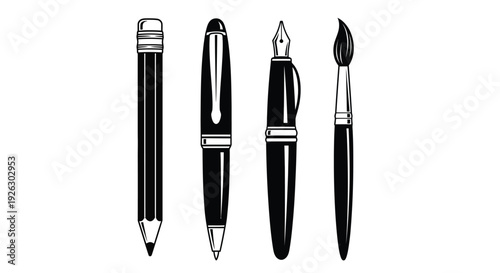Set of four essential writing and drawing tools including a sharp pencil a ballpoint pen a fountain pen and a fine art paintbrush isolated.