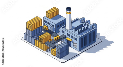 Isometric Factory with Containers and Chimney.