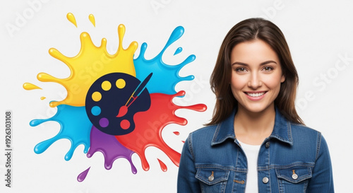 Smiling woman artist standing next to colorful paint splatter and palette on white background