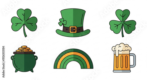 St patrick's day icons set with shamrocks leprechaun hat pot of gold rainbow and beer mug on white background