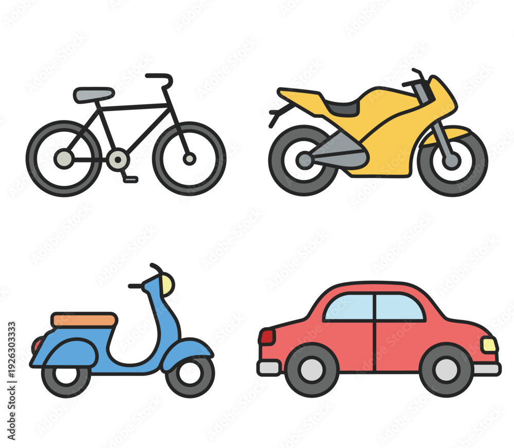 Fototapeta premium Vibrant transportation vehicle vectors set car, scooter, motorcycle, and bicycle line art illustrations