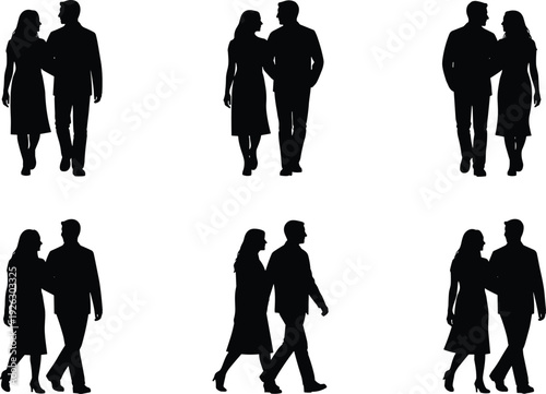 Romantic couple silhouettes walking together, man and woman in love holding close isolated on white background for relationship concept