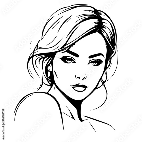 Stylish Minimalist Woman Portrait Vector Illustration in Monochrome. A chic and sophisticated black and white vector illustration of a stylish young woman.