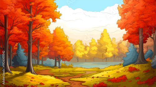 A stunning autumn landscape with vibrant red, orange, and yellow trees lining a winding path. The sun casts a warm glow over the scene, creating a peaceful and inviting atmosphere