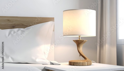 Bedroom scene with a glowing lamp on a bedside table next to a pillow and headboard