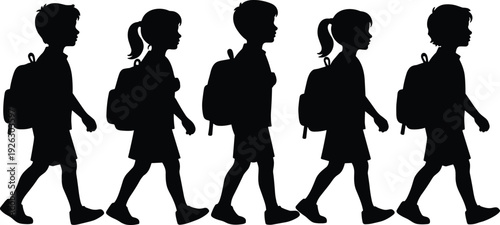 School children silhouettes walking with backpacks, boy and girl student profiles isolated on white background for education concept design