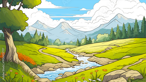 "A picturesque landscape with a winding river flowing through the green meadows, surrounded by vibrant wildflowers and tall trees. Majestic mountains rise in the background