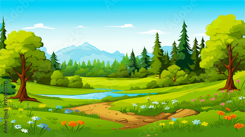 A vibrant, lush landscape featuring a winding dirt path leading through a beautiful meadow filled with colorful flowers. The path meanders beside a calm, clear stream that flows through the green