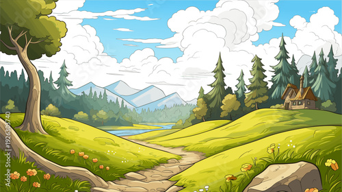 A peaceful and charming landscape featuring a winding dirt path leading through lush green hills, with vibrant wildflowers growing along the sides. In the distance, a cozy wooden cabin sits nestled