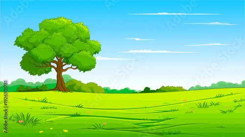 A peaceful and serene landscape featuring a large, lush green tree standing proudly on a vibrant green field. The sky is clear with soft, wispy clouds drifting by